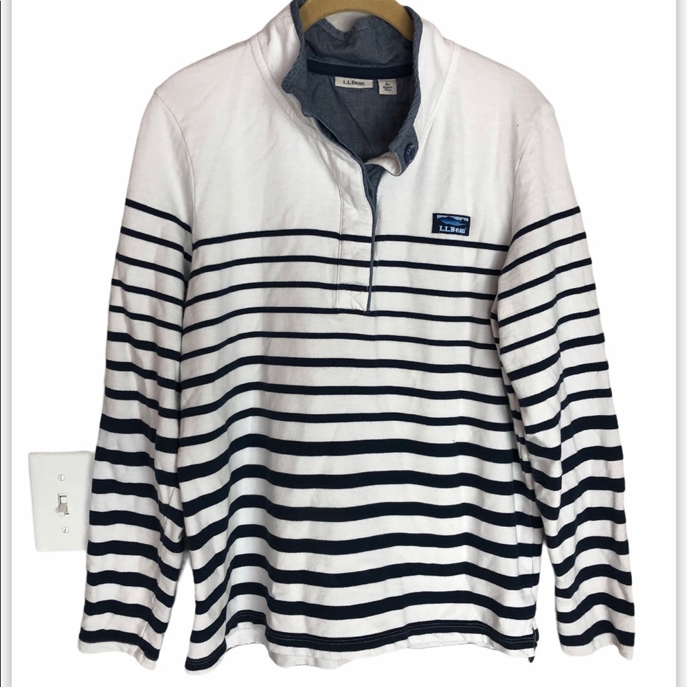 LL BEAN Stripe Nautical Quarter Button Up Top L